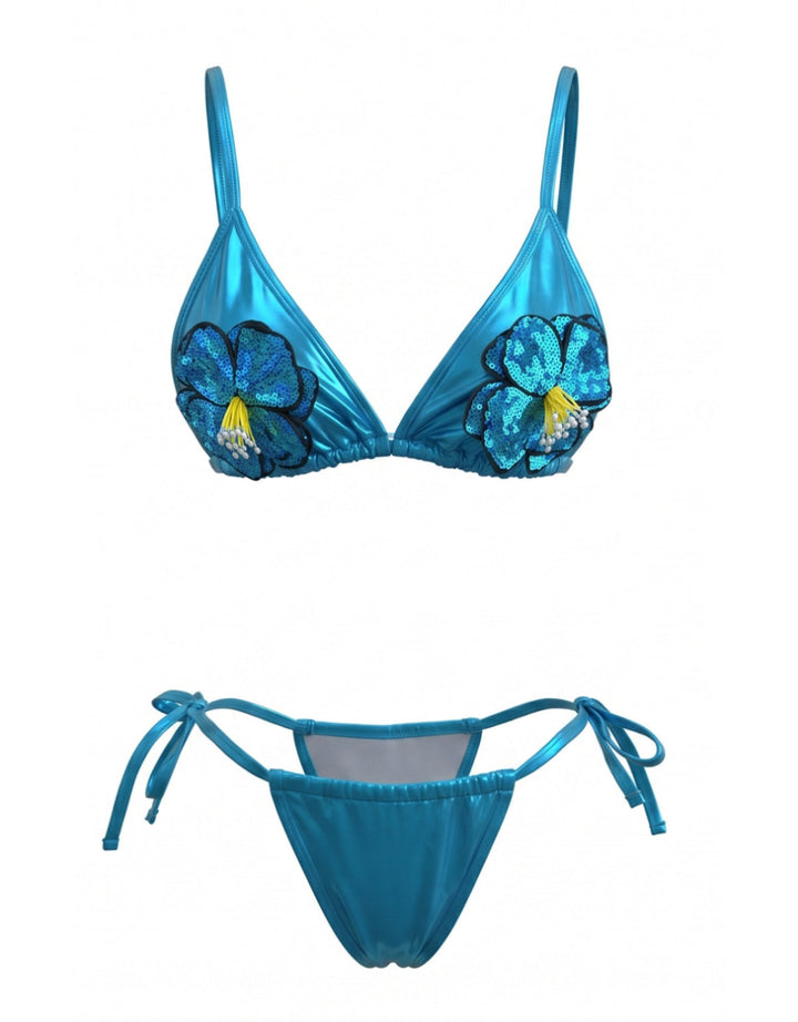 Sky Blue Sequined 3D Floral Bikini Set, vintage swimsuit, swimwear - perfect for women who love vintage and retro fashion