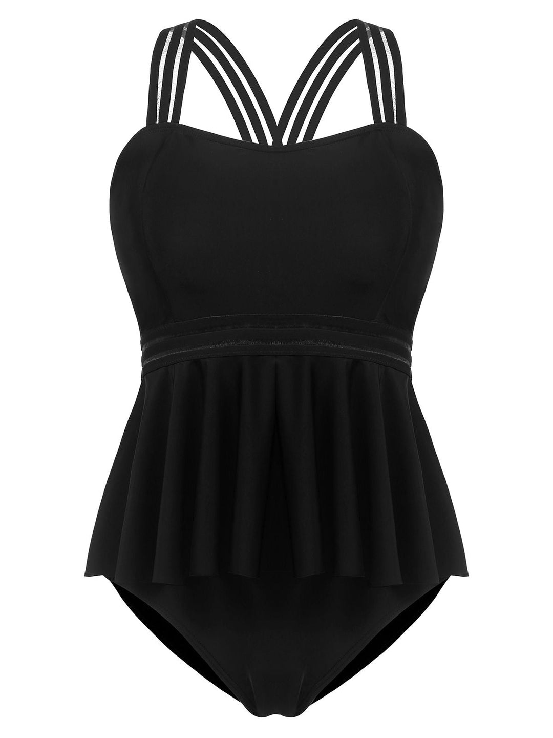 Solid Ruffle Criss Cross Tankini, classic vintage style elegant retro fashion - Image 1