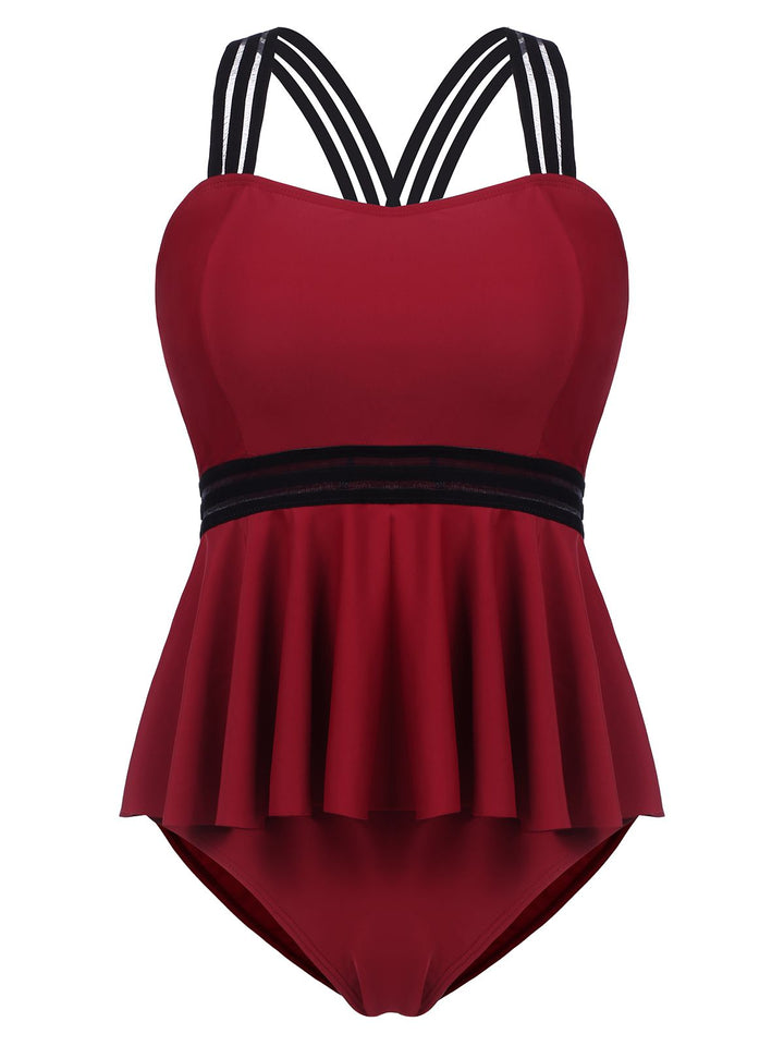 Solid Ruffle Criss Cross Tankini, classic vintage style elegant retro fashion - Image 13