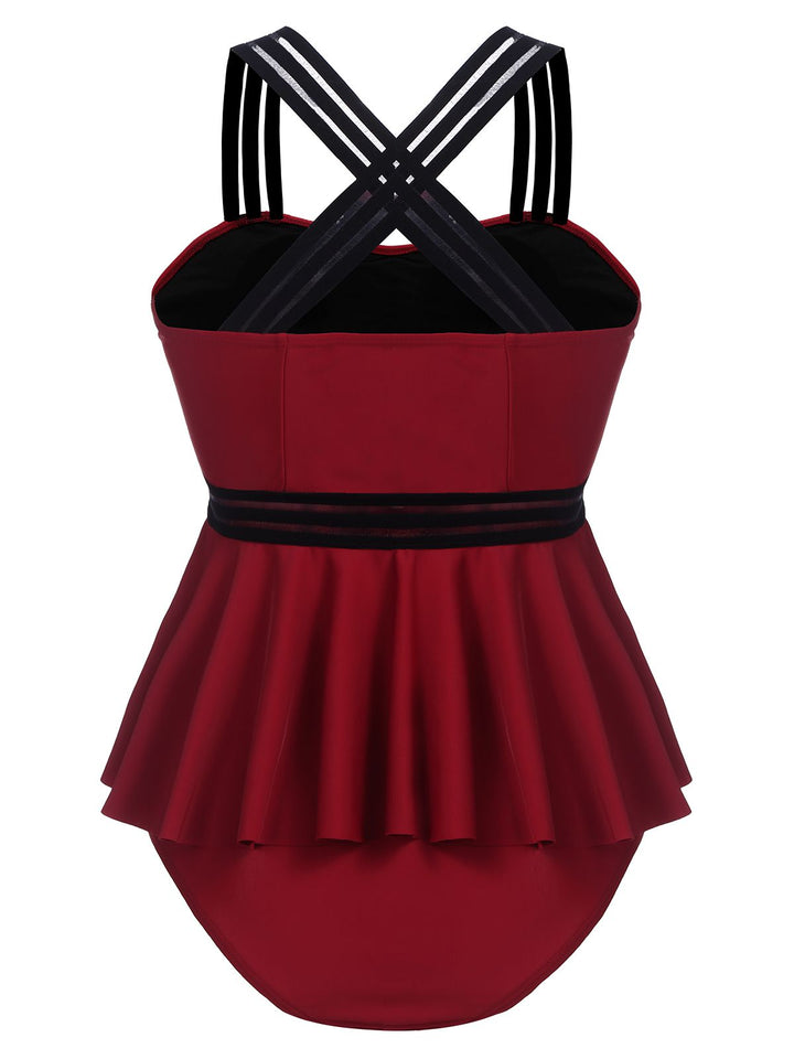 Solid Ruffle Criss Cross Tankini, classic vintage style elegant retro fashion - Image 15