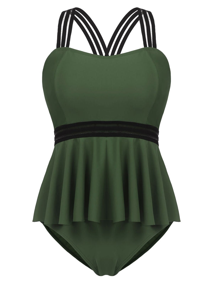 Solid Ruffle Criss Cross Tankini, classic vintage style elegant retro fashion - Image 7