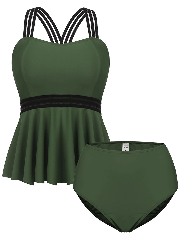 Solid Ruffle Criss Cross Tankini, classic vintage style elegant retro fashion - Image 8