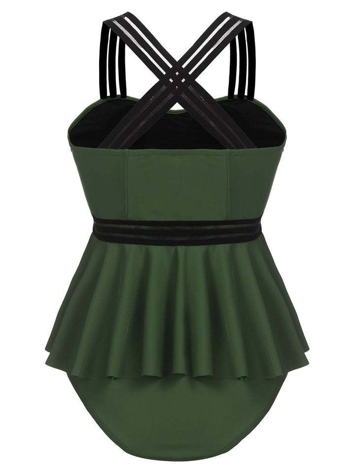 Solid Ruffle Criss Cross Tankini, classic vintage style elegant retro fashion - Image 9