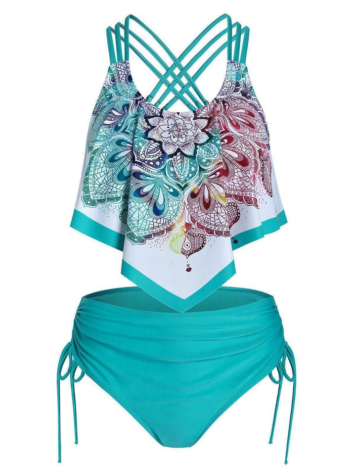 Spaghetti Strap Flower Tankini Set - vintage fashion, retro style