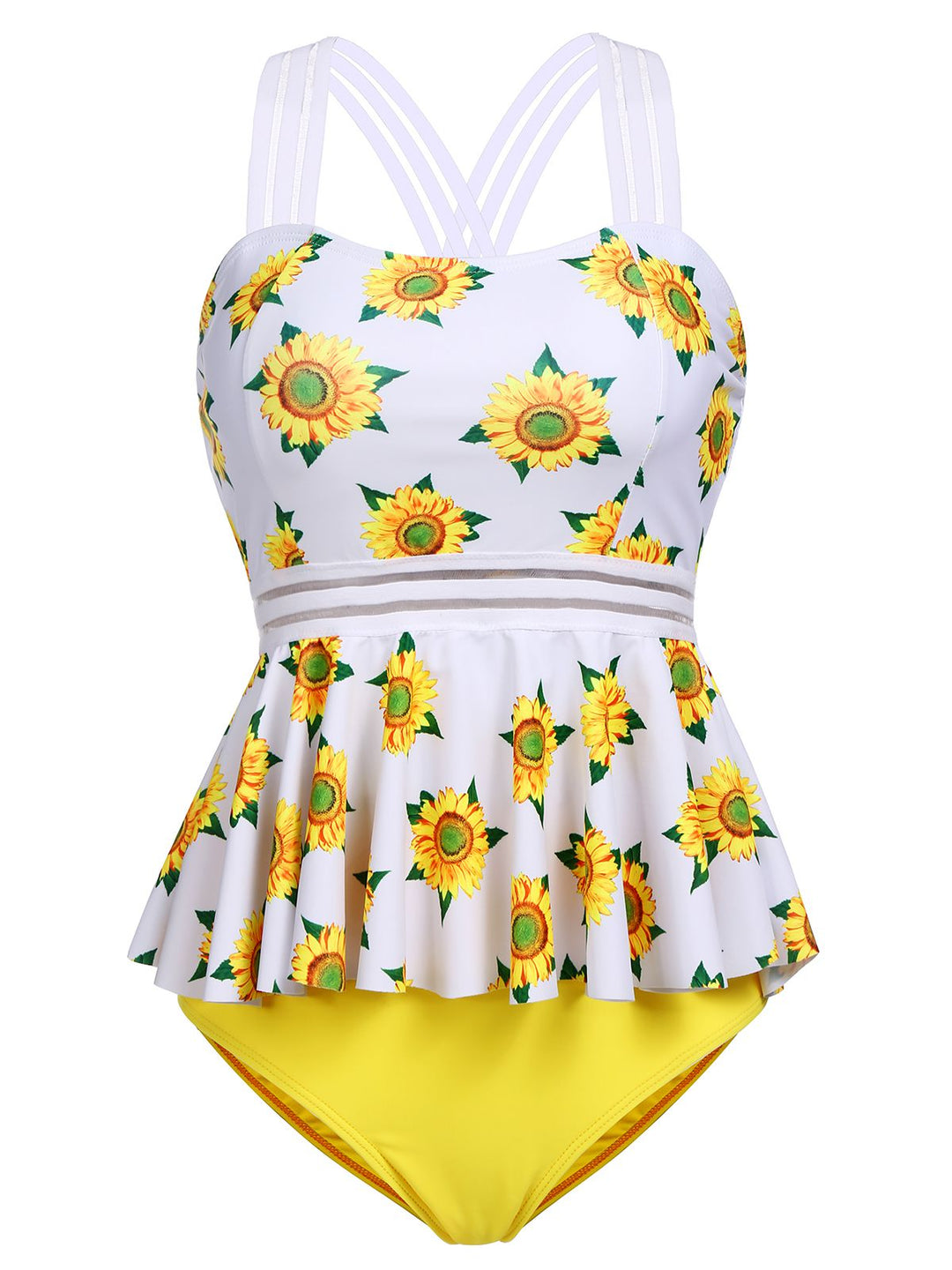 Sunflower Ruffle Criss Cross Tankini, classic vintage style elegant retro fashion - Image 1