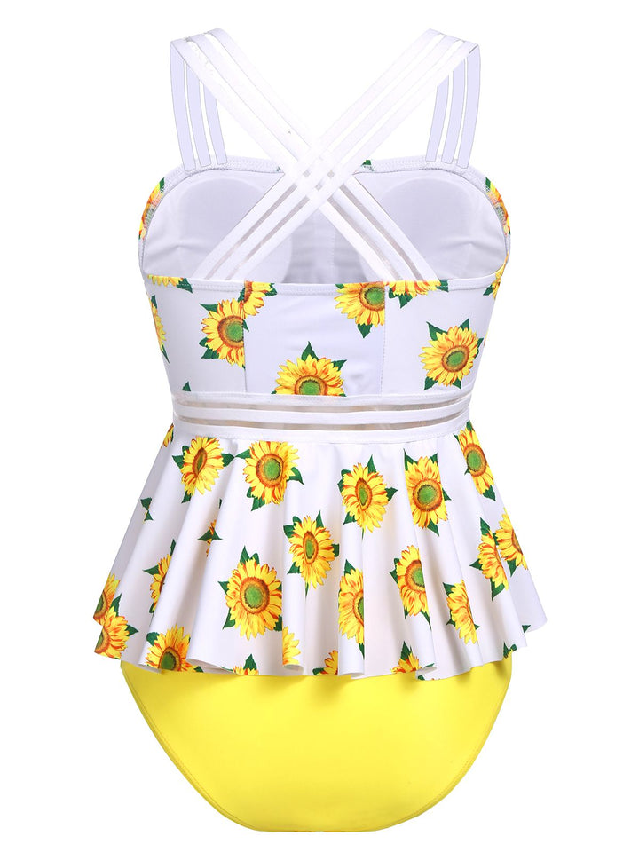 Sunflower Ruffle Criss Cross Tankini, classic vintage style elegant retro fashion - Image 3