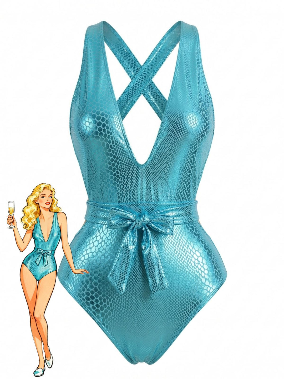 Turquoise Y2K Mermaid Scale Bow Metallic One-Piece Swimsuit - vintage swimsuit, pin-up style