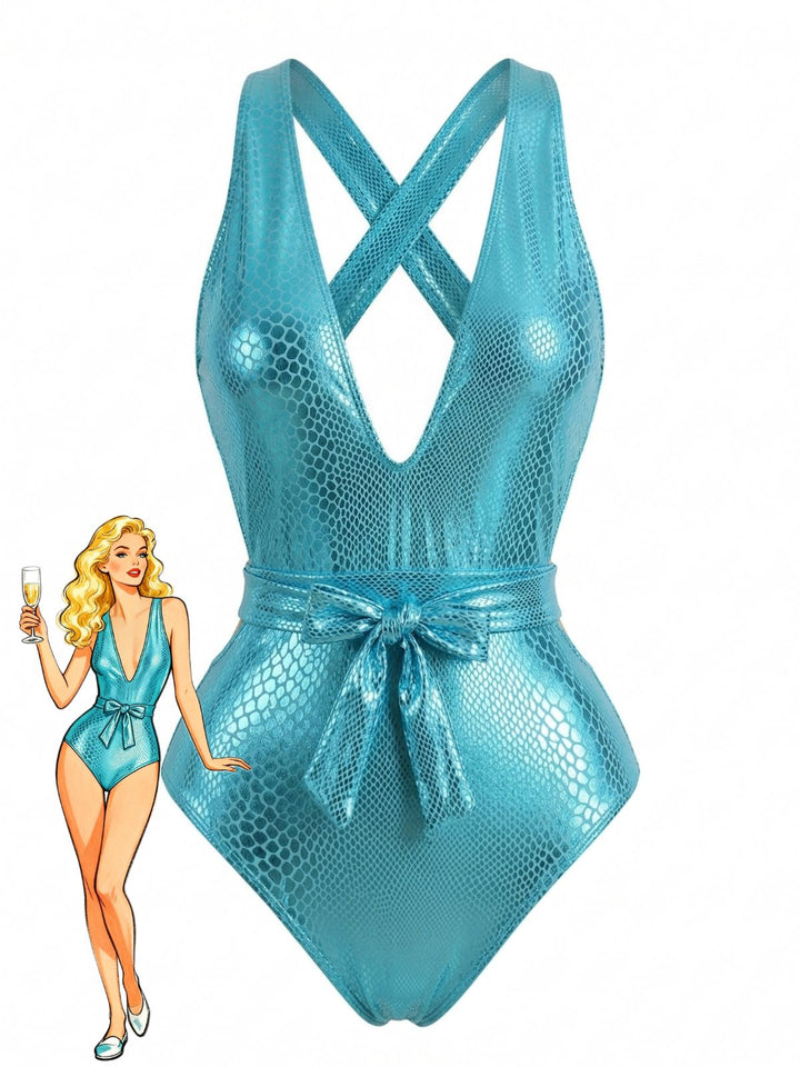 Turquoise Y2K Mermaid Scale Bow Metallic One-Piece Swimsuit - vintage swimsuit, pin-up style