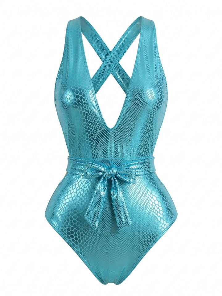 Turquoise Y2K Mermaid Scale Bow Metallic One-Piece Swimsuit - vintage swimsuit, pin-up style