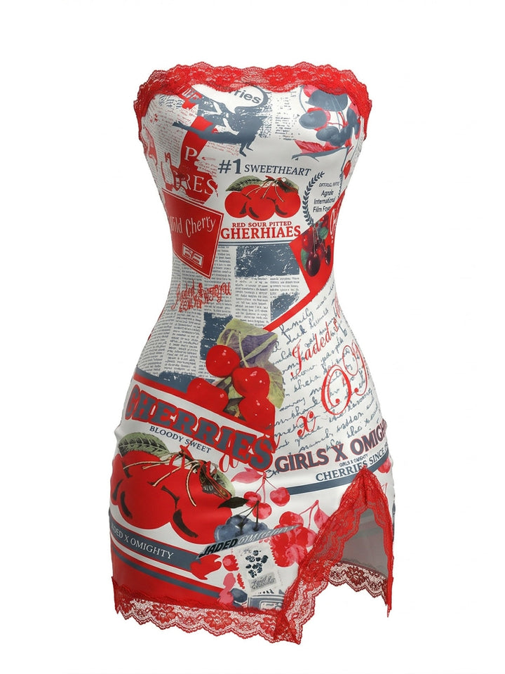 True Red 1960s Cherry Newspaper Strapless Dress - vintage dress, retro fashion for vintage lovers