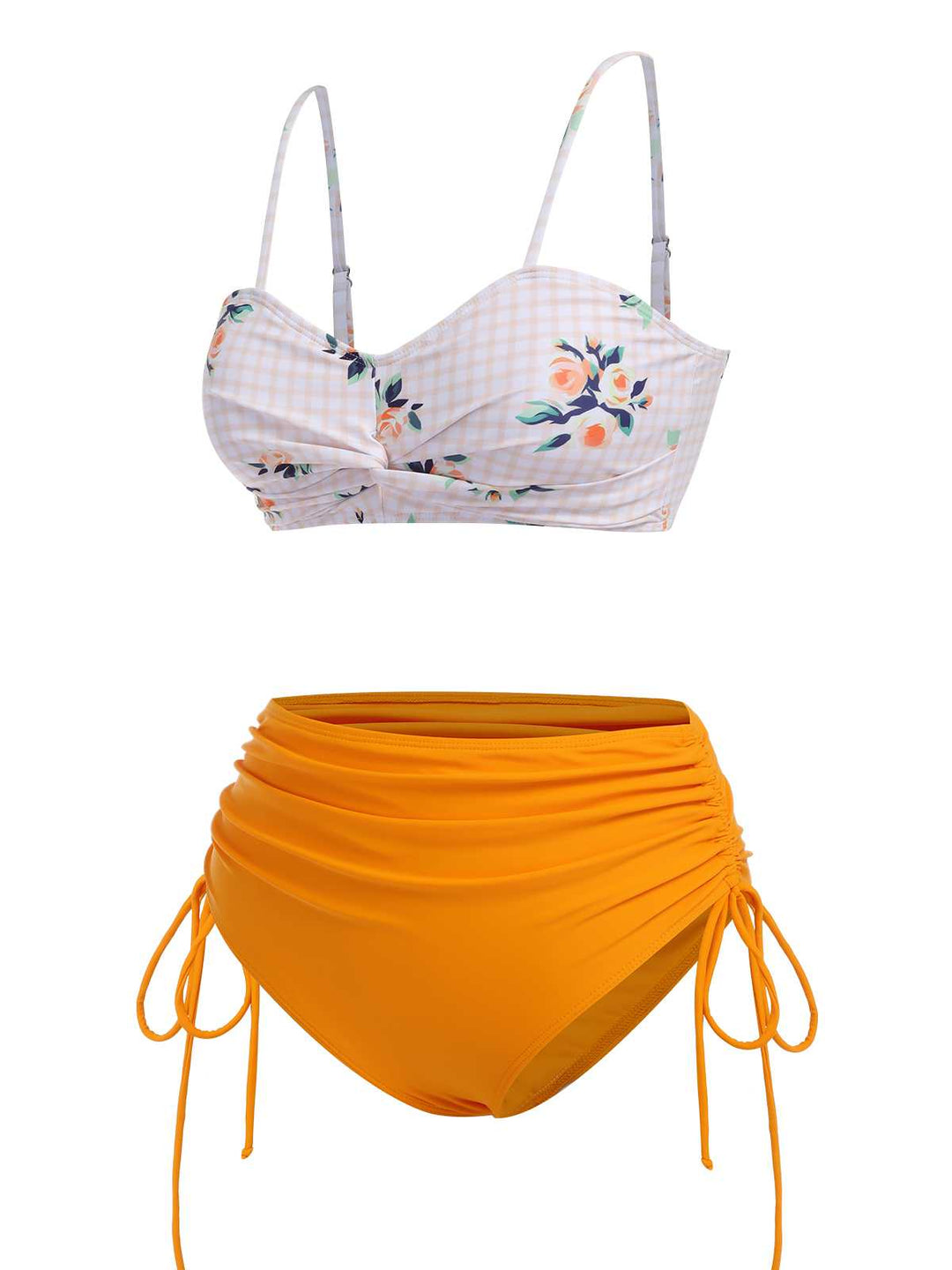 This Turmeric Spaghetti Strap Roses Swimsuit carries vacation dreams in every stitch