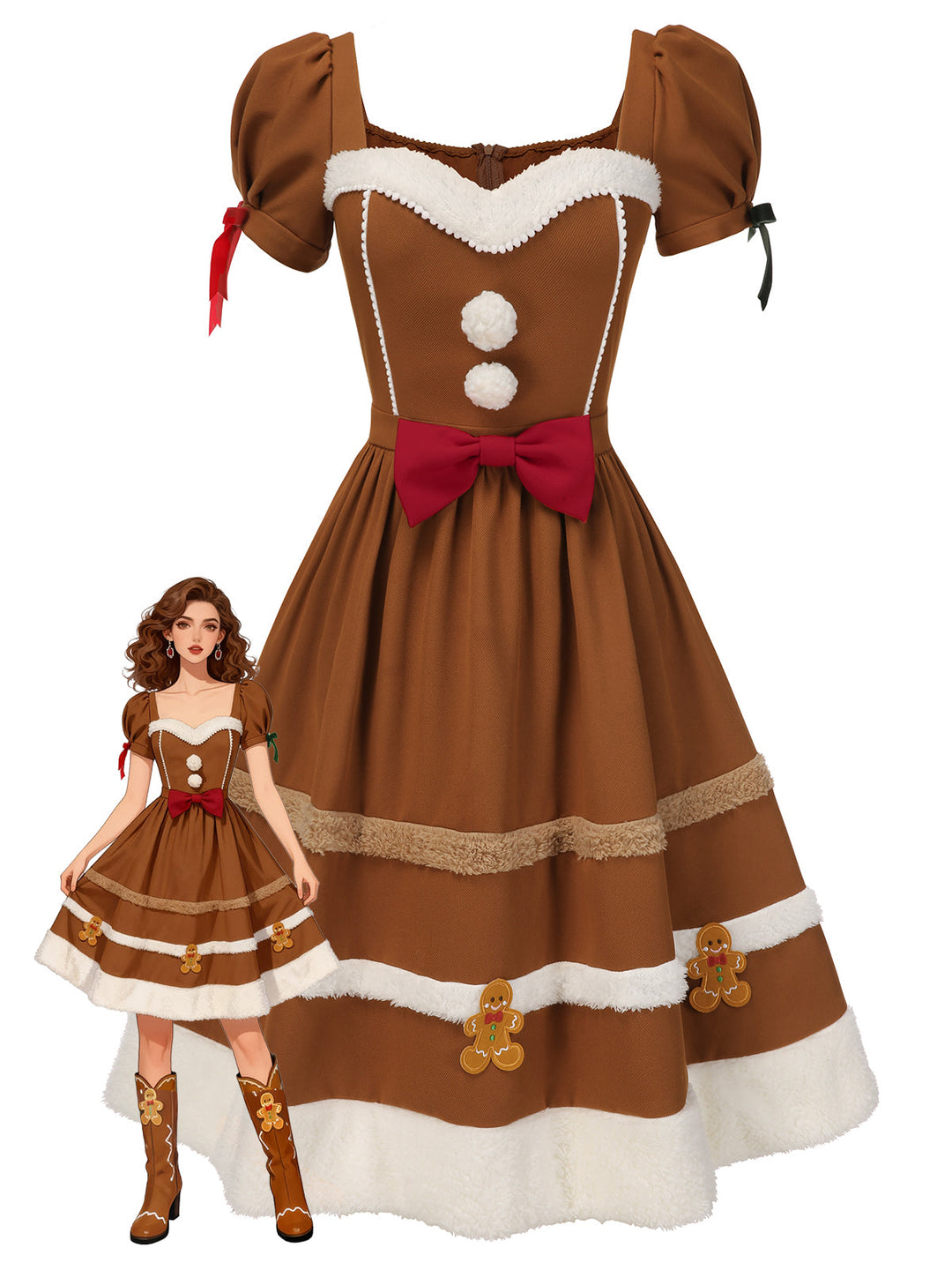 Turmeric 1950s Gingerbread Man Plush Trim Dress - vintage dress, retro fashion, rockabilly