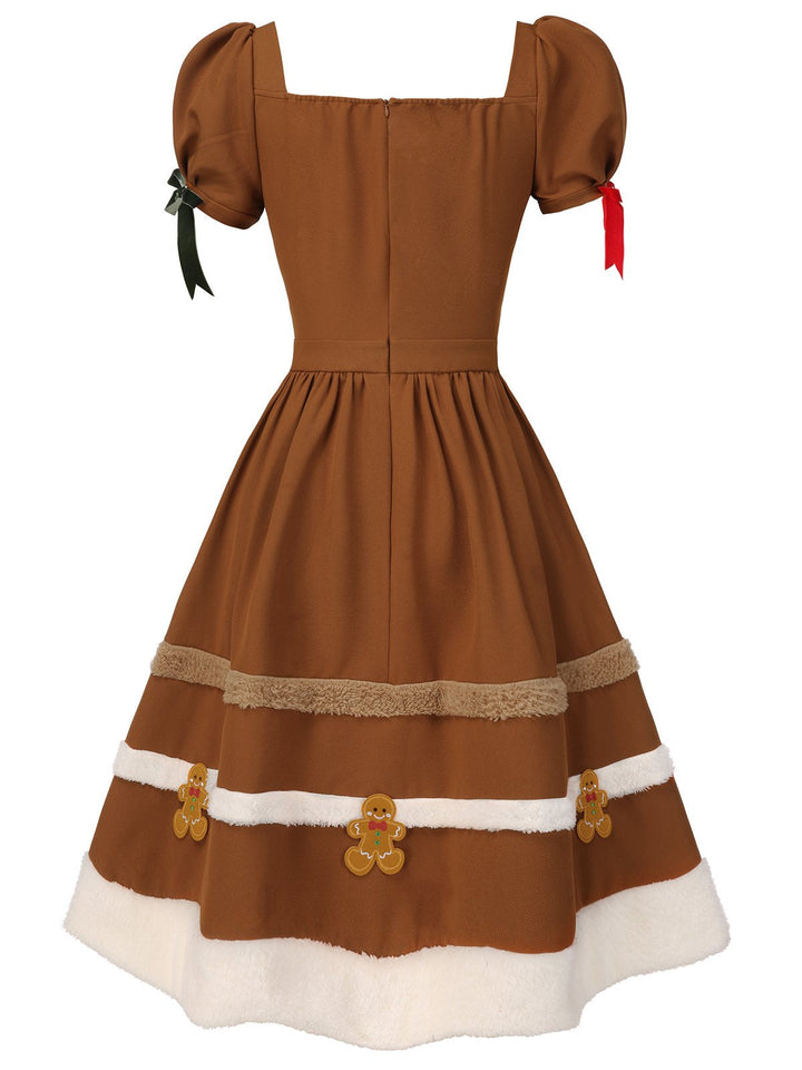 Turmeric 1950s Gingerbread Man Plush Trim Dress, vintage dress, retro fashion, rockabilly, pin-up fashion - perfect for women who love vintage and retro fashion
