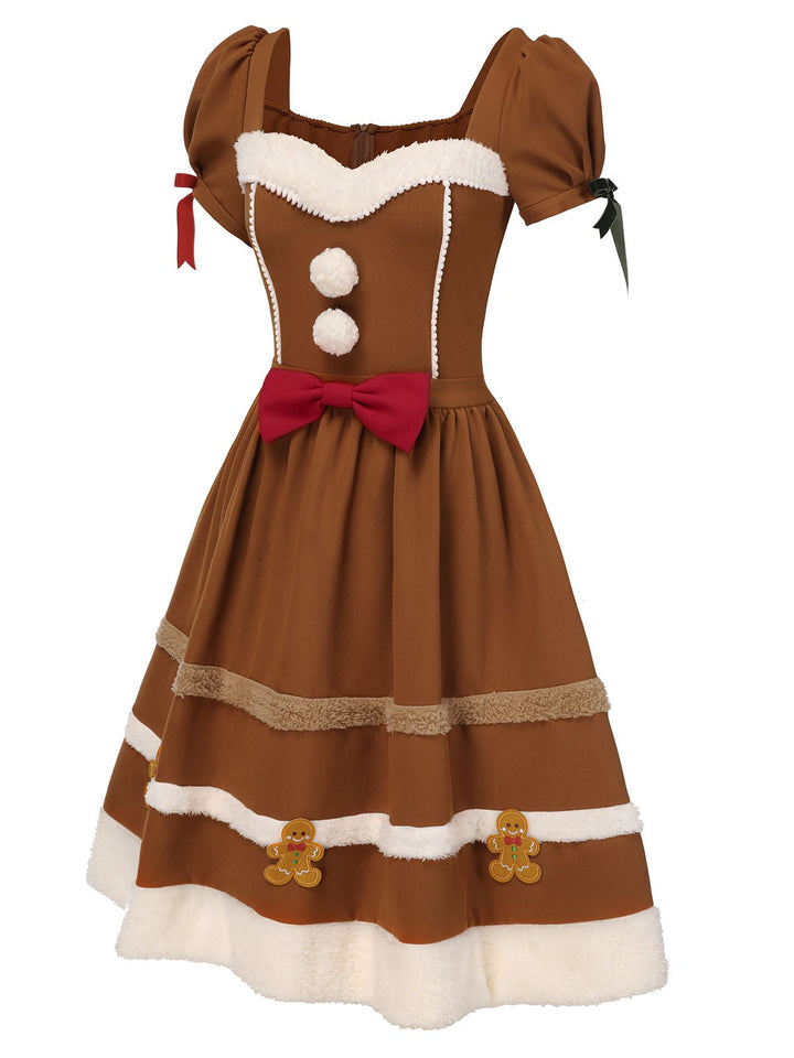 Turmeric 1950s Gingerbread Man Plush Trim Dress, vintage dress, retro fashion, rockabilly, pin-up fashion - perfect for women who love vintage and retro fashion