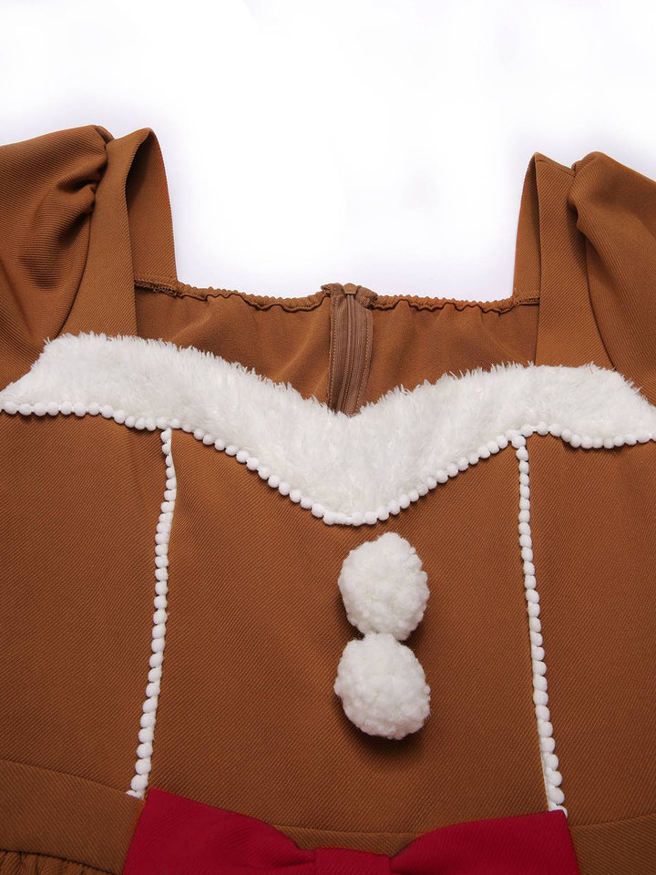 Turmeric 1950s Gingerbread Man Plush Trim Dress, vintage dress, retro fashion, rockabilly, pin-up fashion - perfect for women who love vintage and retro fashion