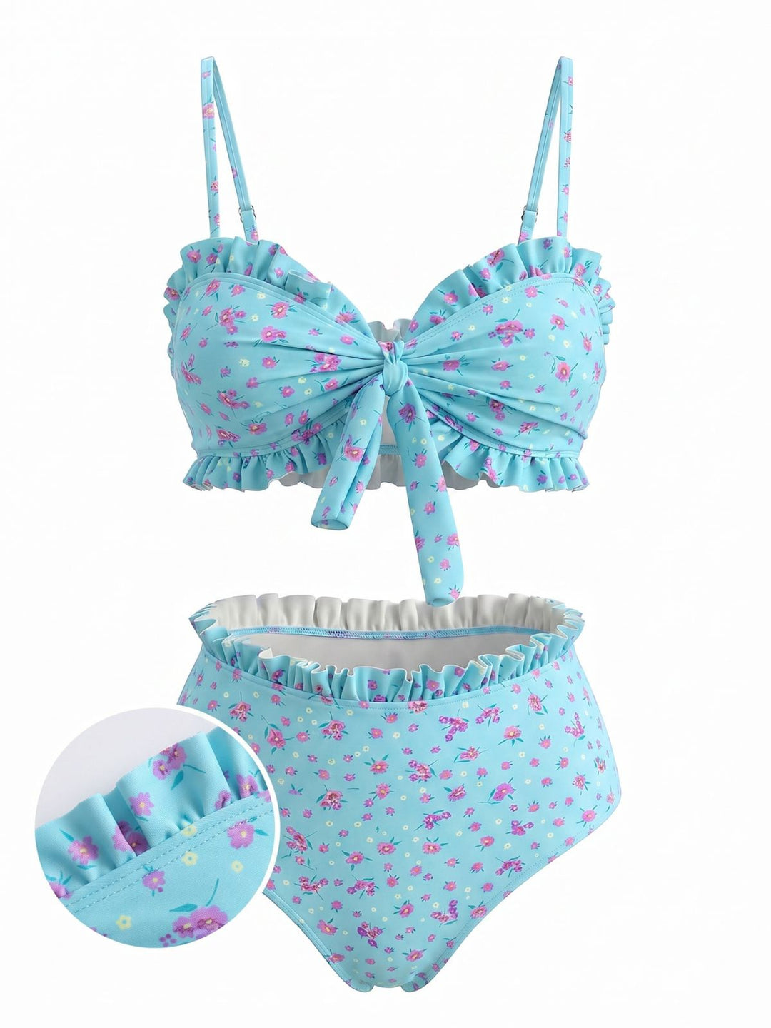 Turquoise Print Spaghetti Strap High Waist Tankini Set 5