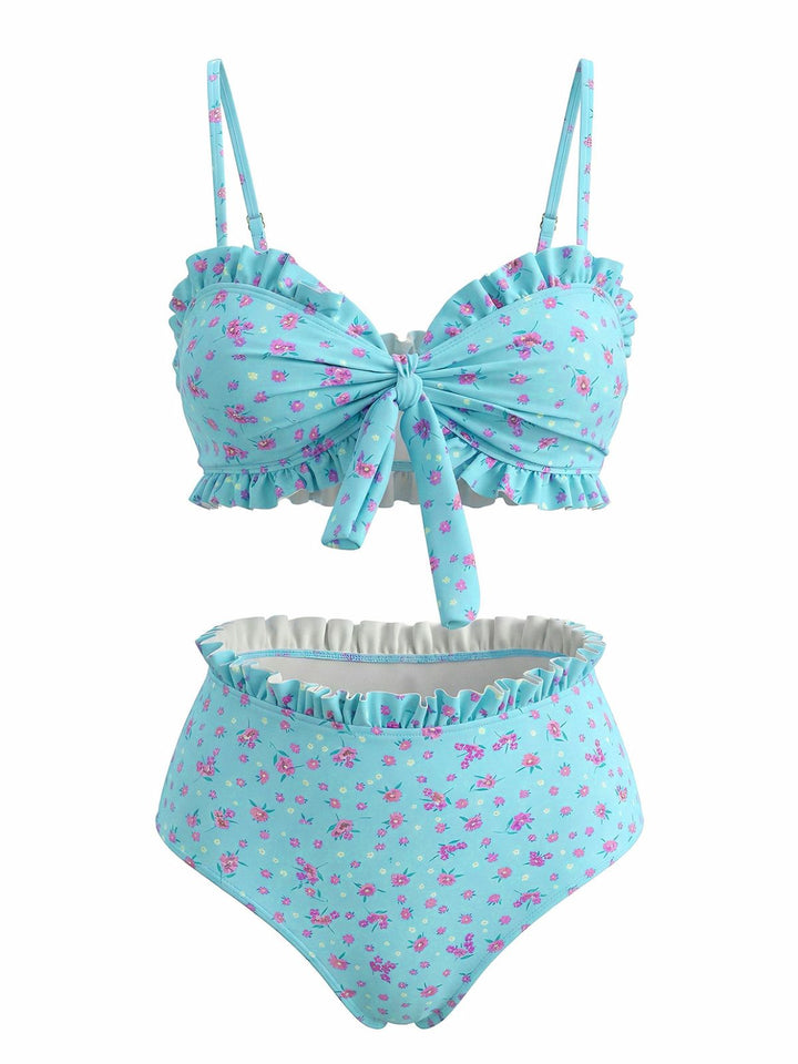 Turquoise Print Spaghetti Strap High Waist Tankini Set 4