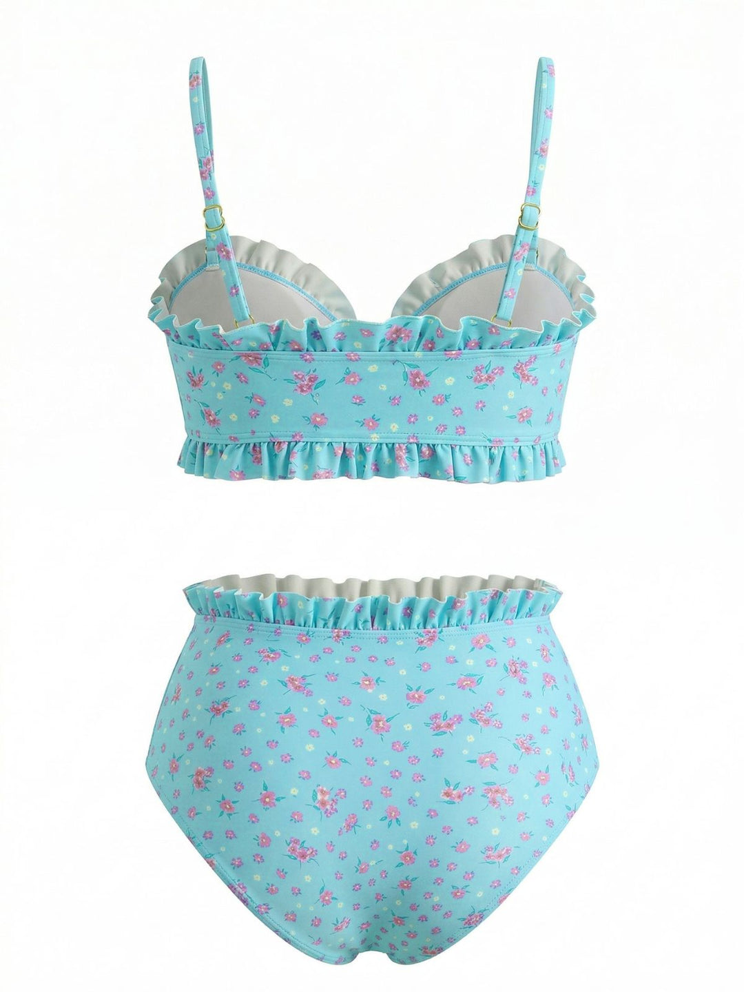 Turquoise Print Spaghetti Strap High Waist Tankini Set 6