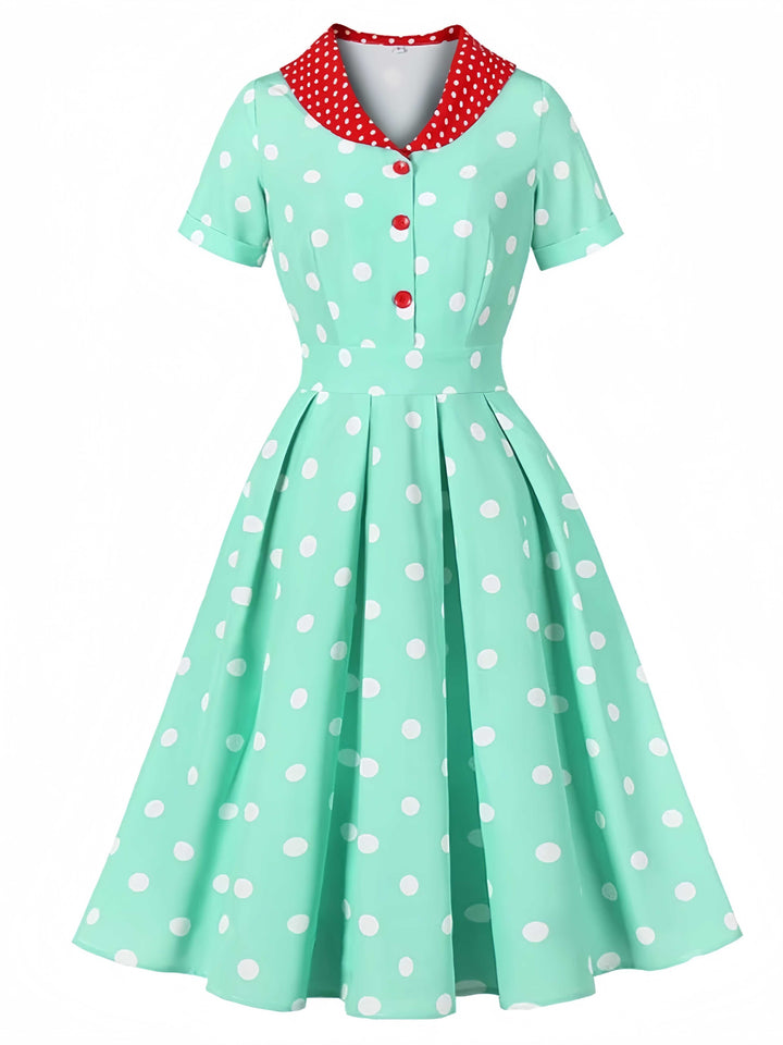 She slips into this Turquoise 1950s Patchwork Polka Dots Dress and suddenly it&