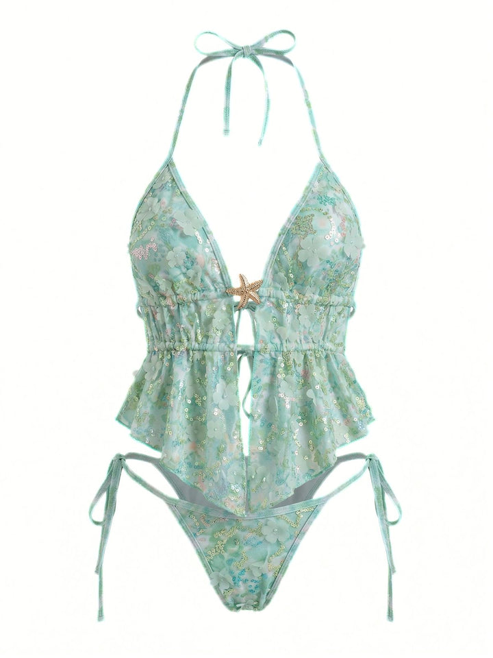 Turquoise 1960s Floral Sequin Halter Tie Bikini Set: beautiful vintage swimwear, retro swimsuit, pin-up style with timeless appeal