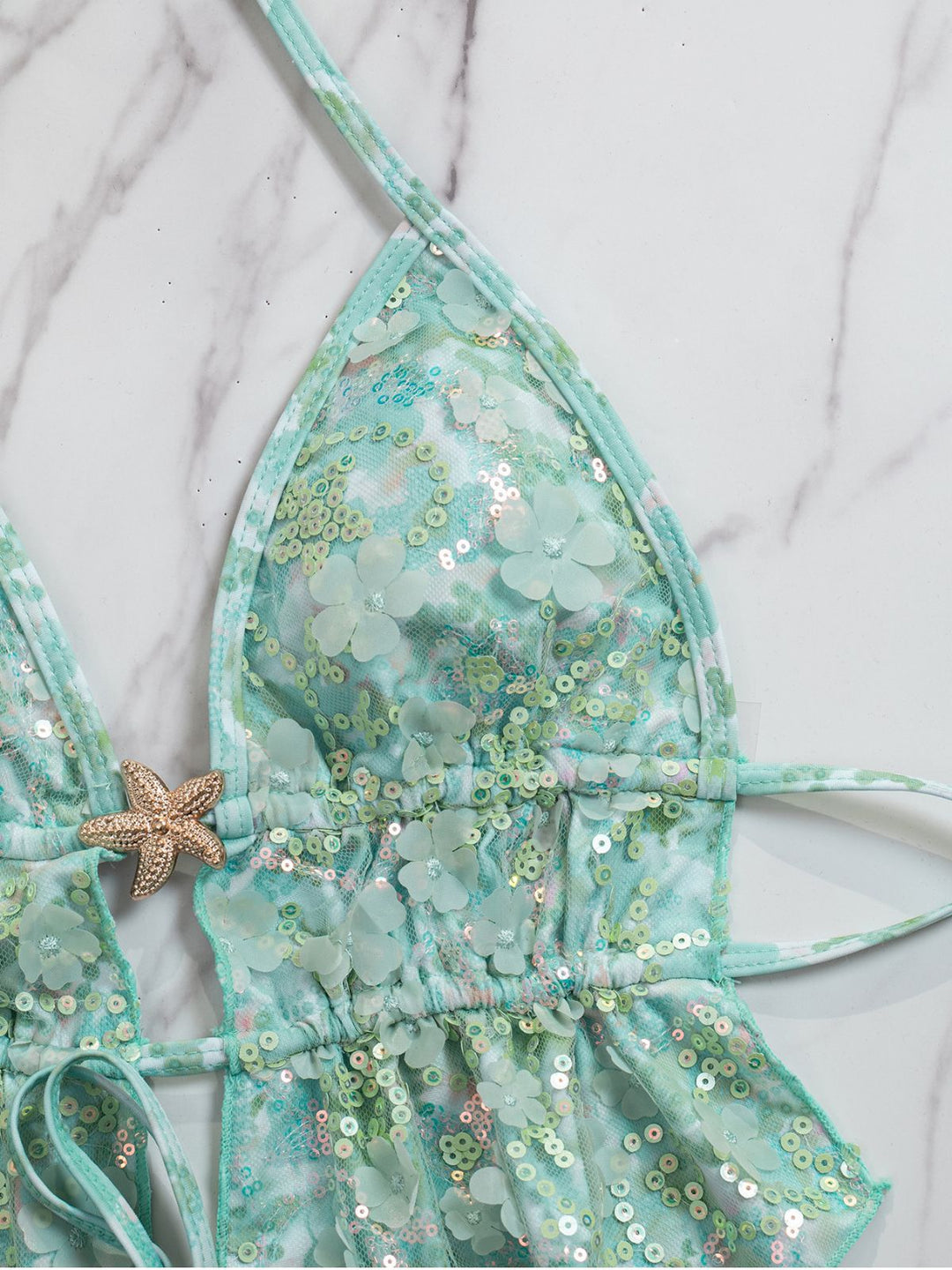 Turquoise 1960s Floral Sequin Halter Tie Bikini Set | vintage swimwear, retro swimsuit, pin-up style - perfect for retro fashion enthusiasts