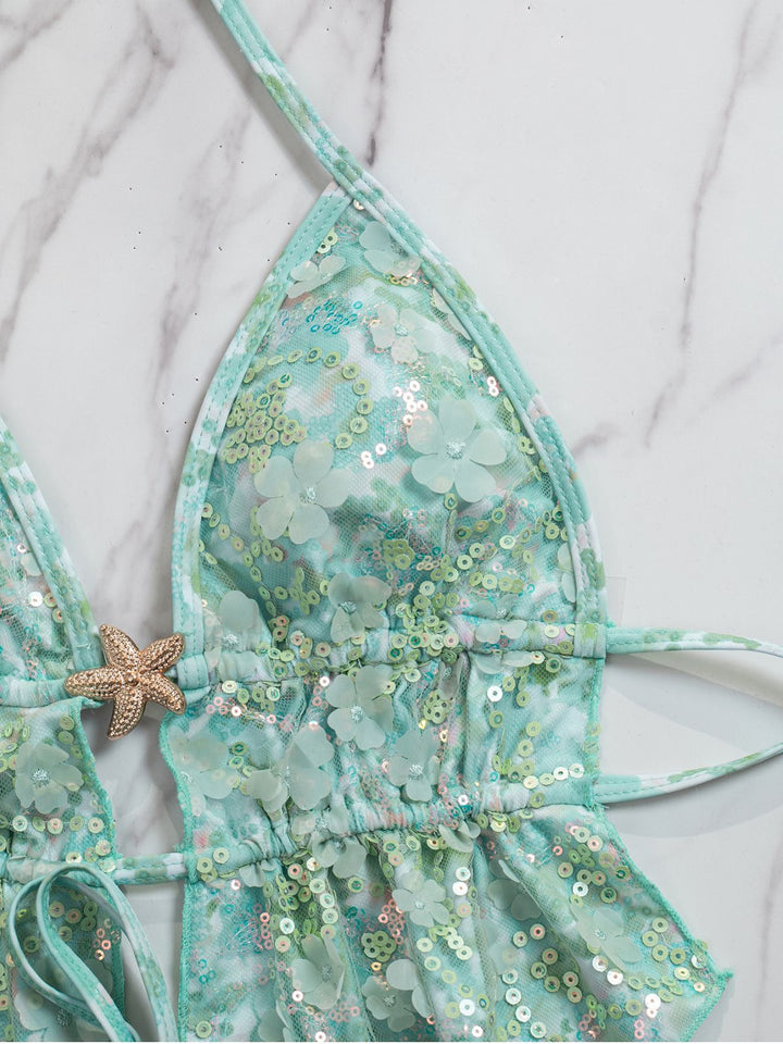 Turquoise 1960s Floral Sequin Halter Tie Bikini Set | vintage swimwear, retro swimsuit, pin-up style - perfect for retro fashion enthusiasts