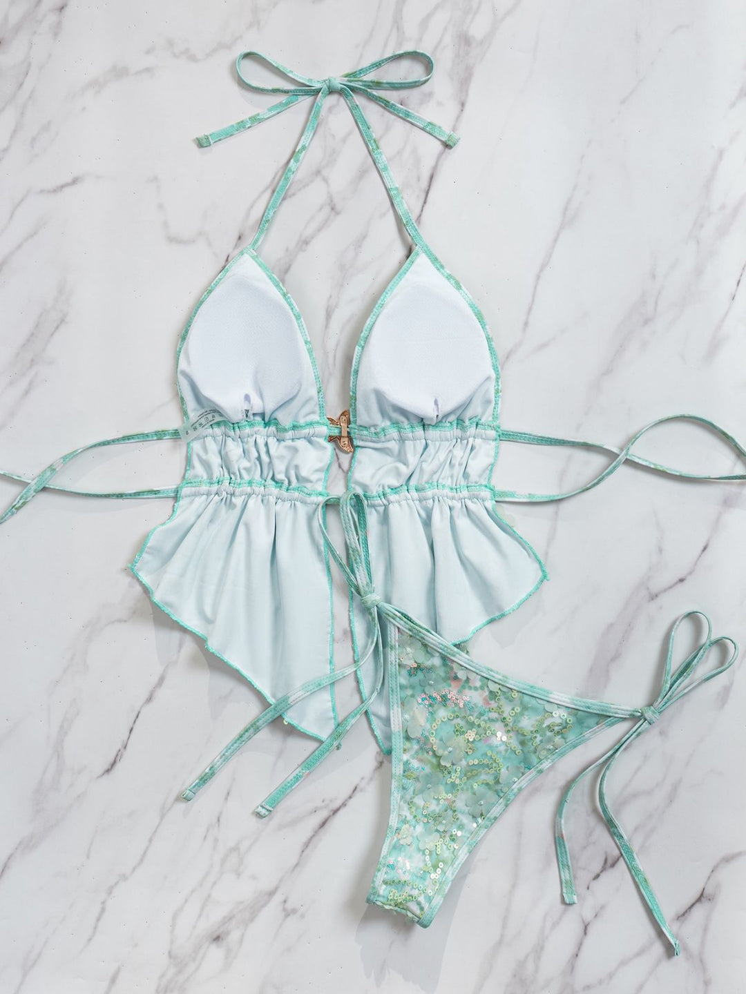 Turquoise 1960s Floral Sequin Halter Tie Bikini Set - vintage swimwear, retro swimsuit, pin-up style for vintage lovers