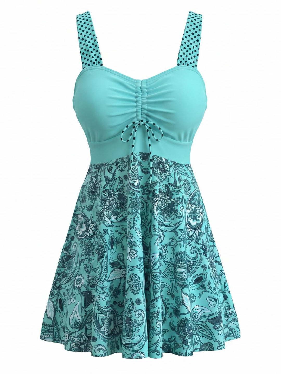Turquoise Paisley Ruched Bust Polka Strap Swim Dress, vintage dress, retro fashion - perfect for women who love vintage and retro fashion