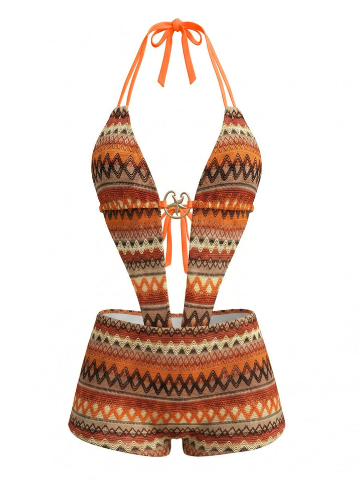 Vintage Irregular Print Plunging Boho Swimsuit, vintage swimsuit, swimwear - perfect for women who love vintage and retro fashion