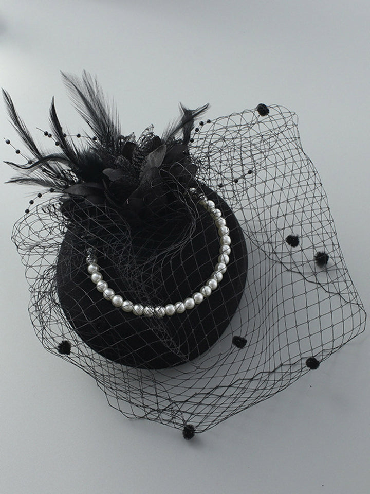 Vintage Feather Pearl Mesh Hat - vintage fashion, retro style