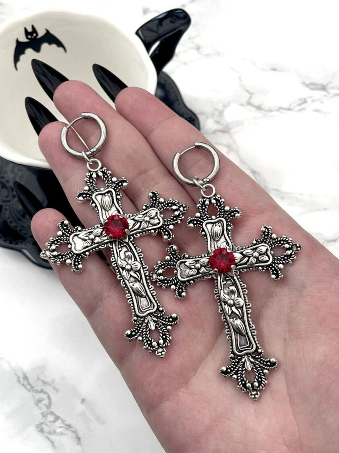 Vintage Halloween Gothic Cross 3D Flower Gemstone Earrings - vintage fashion, retro style