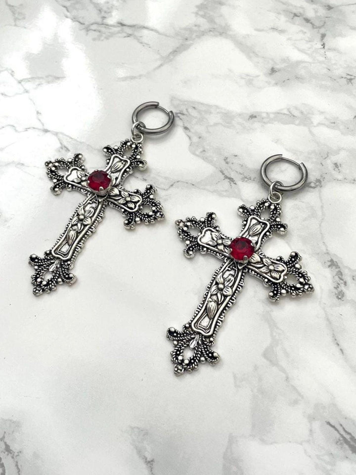 Vintage Halloween Gothic Cross 3D Flower Gemstone Earrings - vintage fashion, retro style