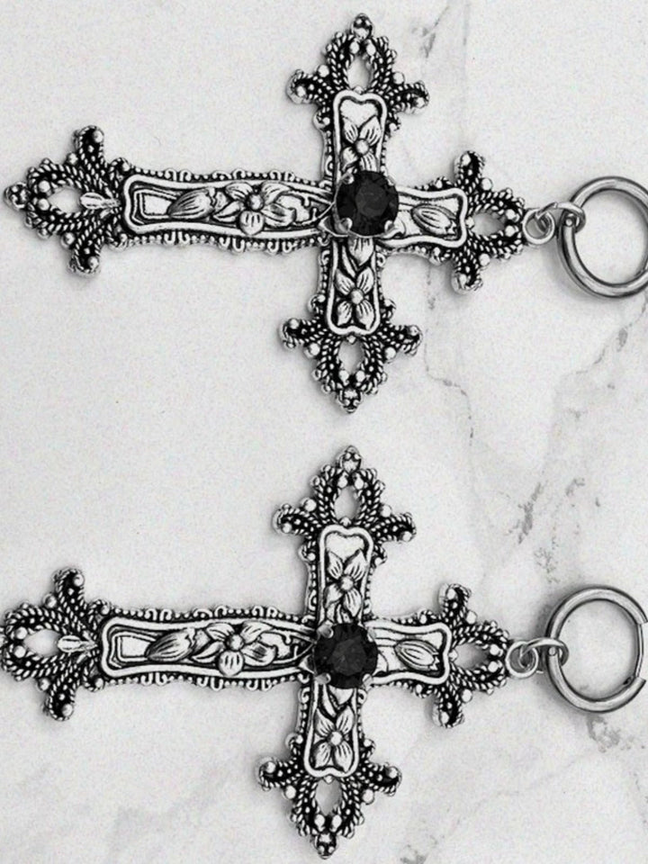 Vintage Halloween Gothic Cross 3D Flower Gemstone Earrings - vintage fashion, retro style