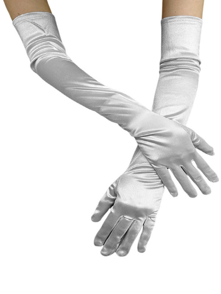 She adds this Vintage Solid Faux Satin Elbow Long Gloves and suddenly it&
