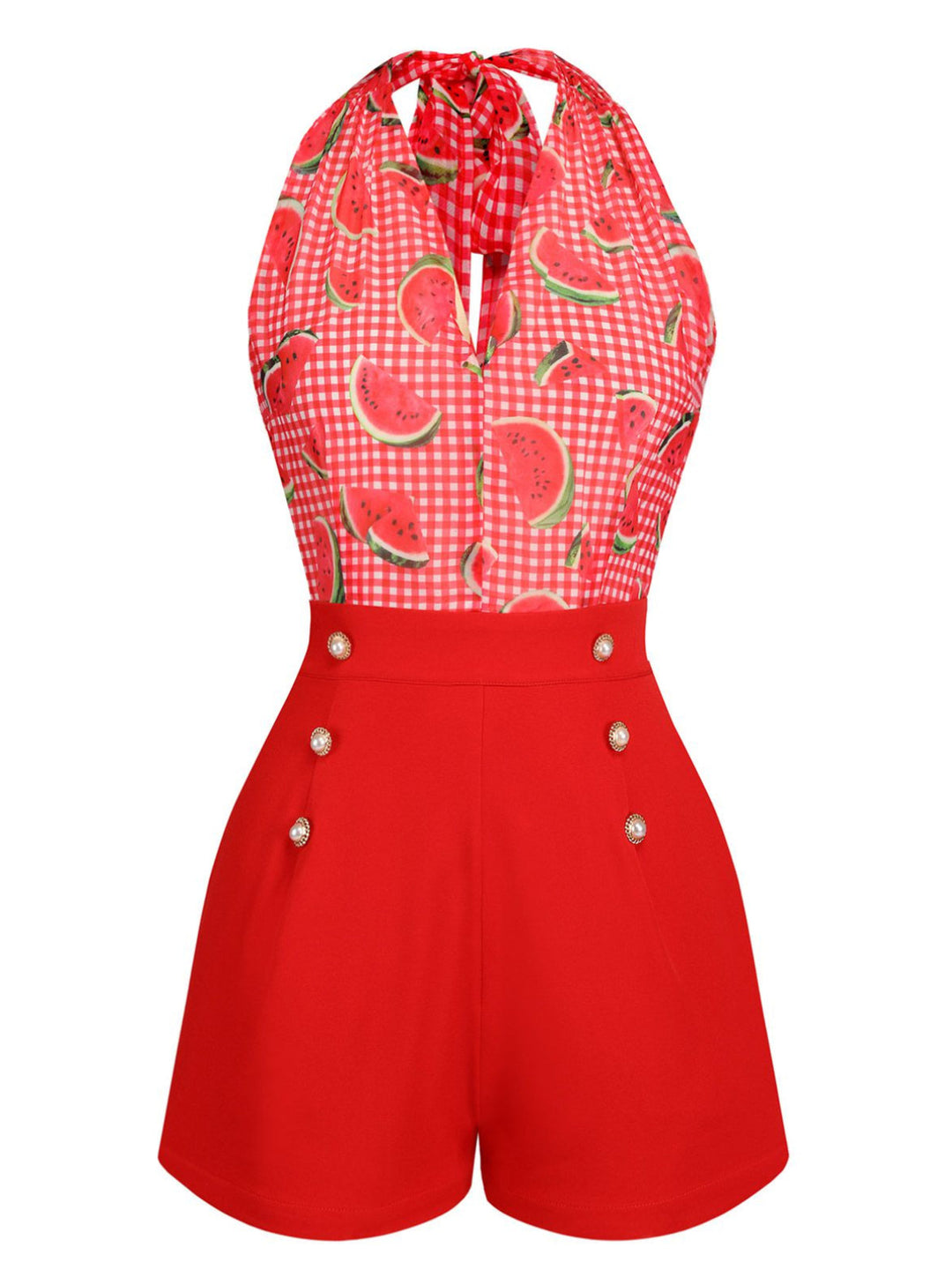 Watermelon Red 1950s Halter Patchwork Romper: timeless style reimagined