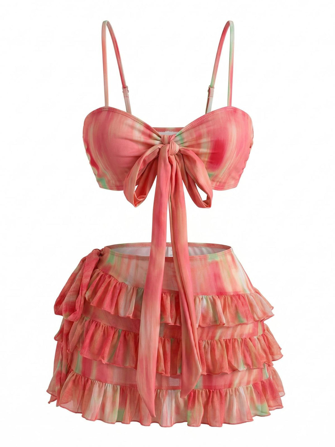 3PCS Watermelon Red Bikini Set &amp; Tiered Ruffle Cover-up - vintage swimsuit, swimwear for vintage lovers