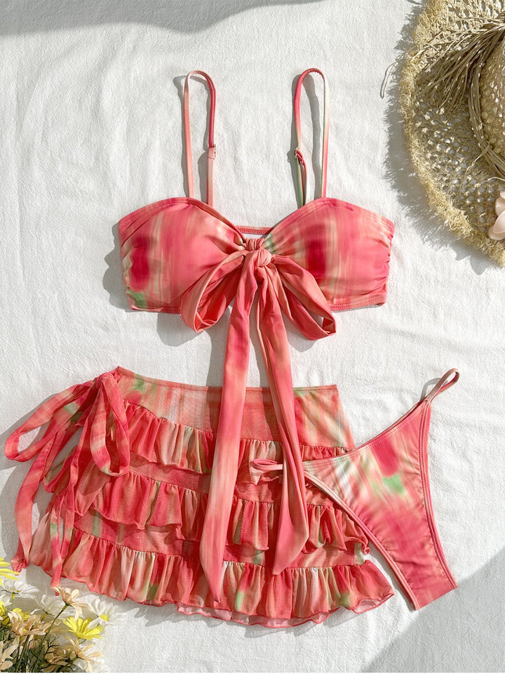 3PCS Watermelon Red Bikini Set &amp; Tiered Ruffle Cover-up - vintage swimsuit, swimwear for vintage lovers