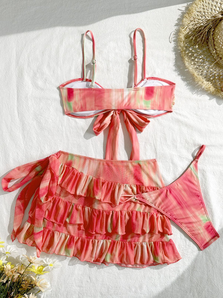 3PCS Watermelon Red Bikini Set &amp; Tiered Ruffle Cover-up - vintage swimsuit, swimwear for vintage lovers