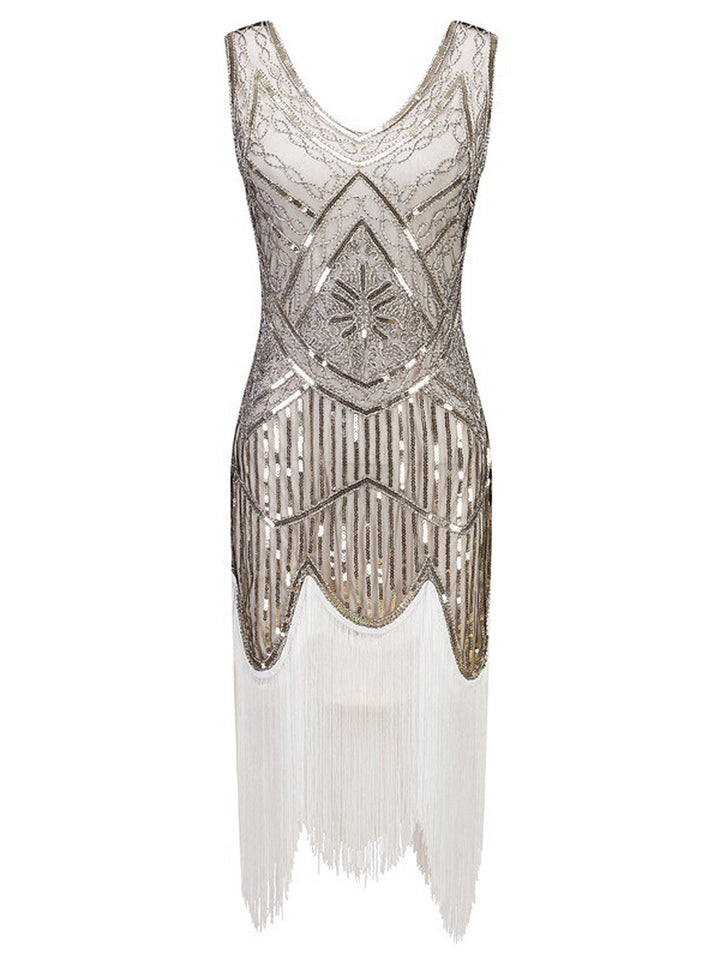 She slips into this White 1920s Fringed Flapper Dress and suddenly it&