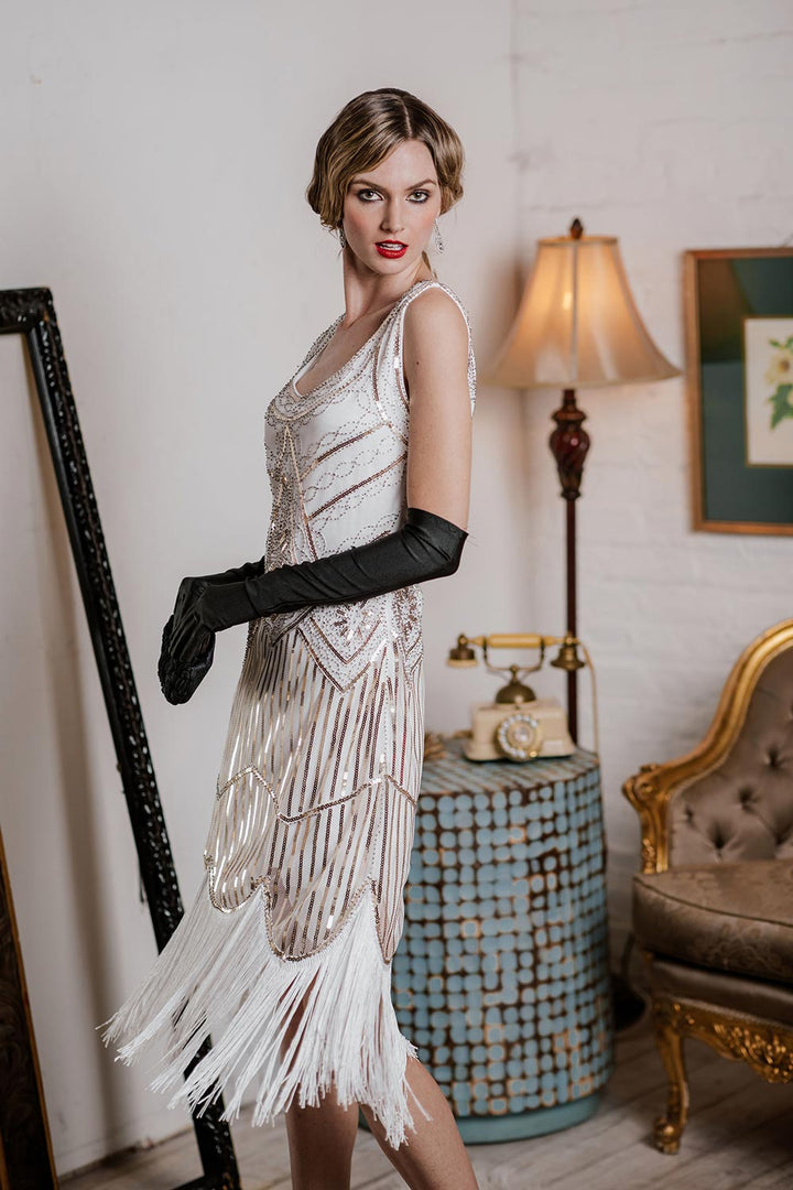 White 1920s Fringed Flapper Dress — the kind of 1920s dress that makes strangers smile