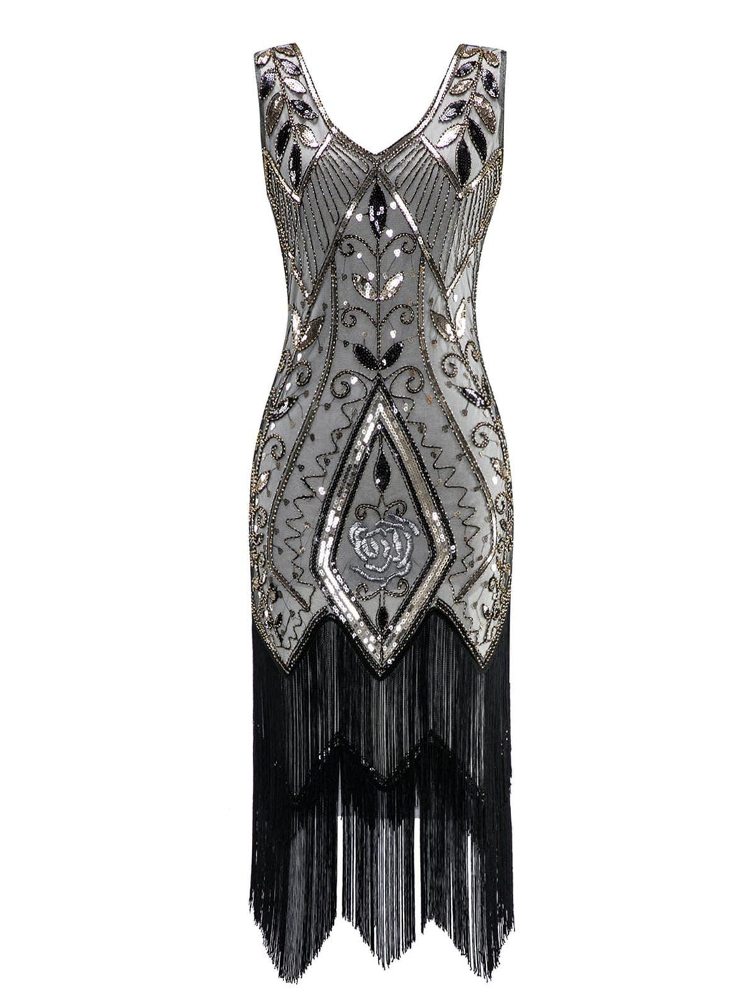 White 1920s Sequined Fringe Dress, classic 1920s style elegant retro fashion - Image 1