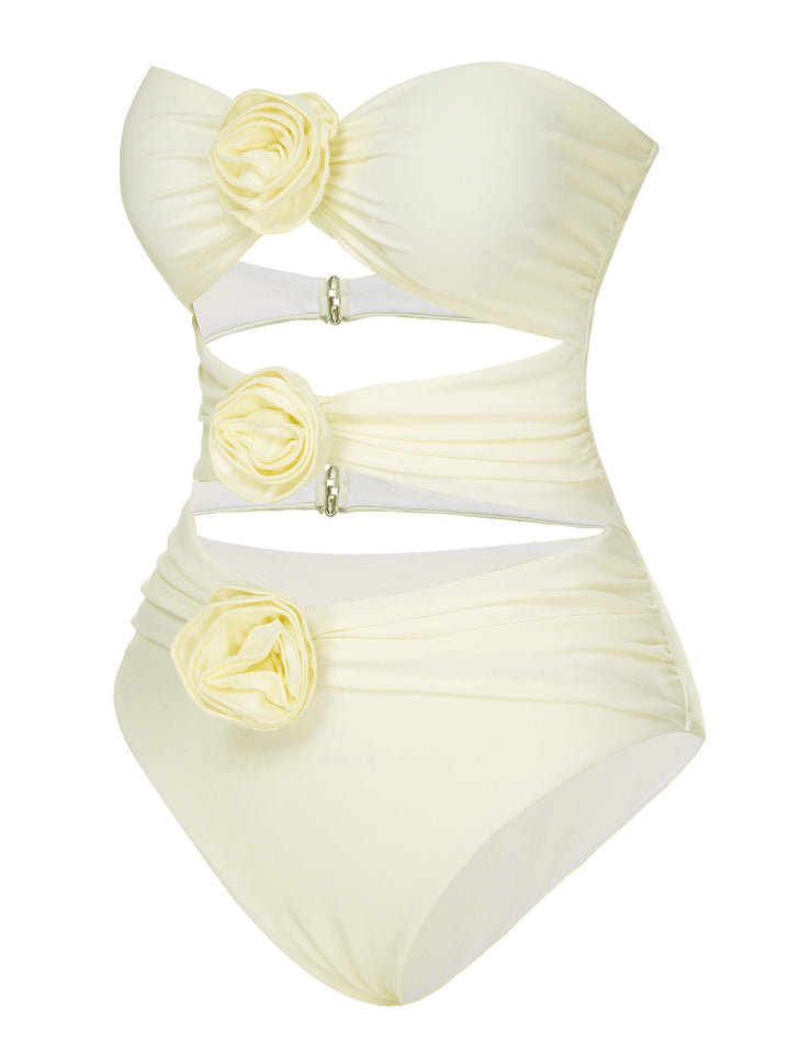 White 1930S 3D Flowers Hollow Bandeau Swimsuit, vintage swimsuit, pin-up swimwear - perfect for women who love vintage and retro fashion