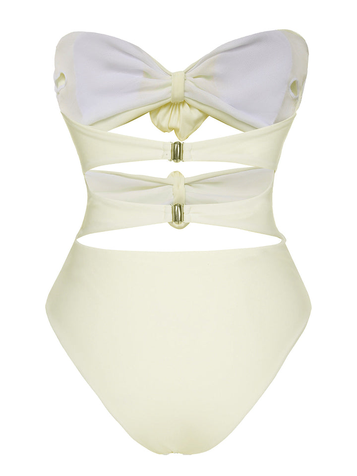 White 1930S 3D Flowers Hollow Bandeau Swimsuit, vintage swimsuit, pin-up swimwear - perfect for women who love vintage and retro fashion