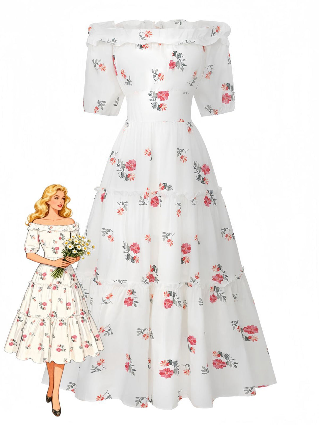 White 1930s Floral Ruffled Off-Shoulder Puff Dress - vintage dress, retro fashion, pure white