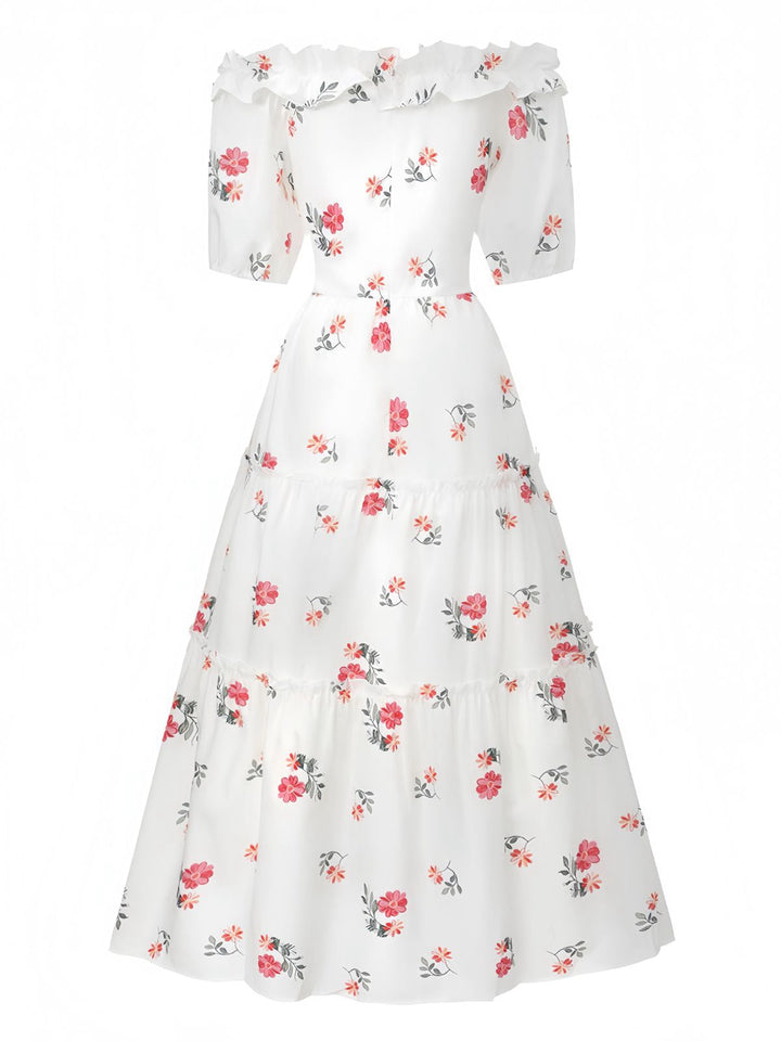 White 1930s Floral Ruffled Off-Shoulder Puff Dress - vintage dress, retro fashion, pure white