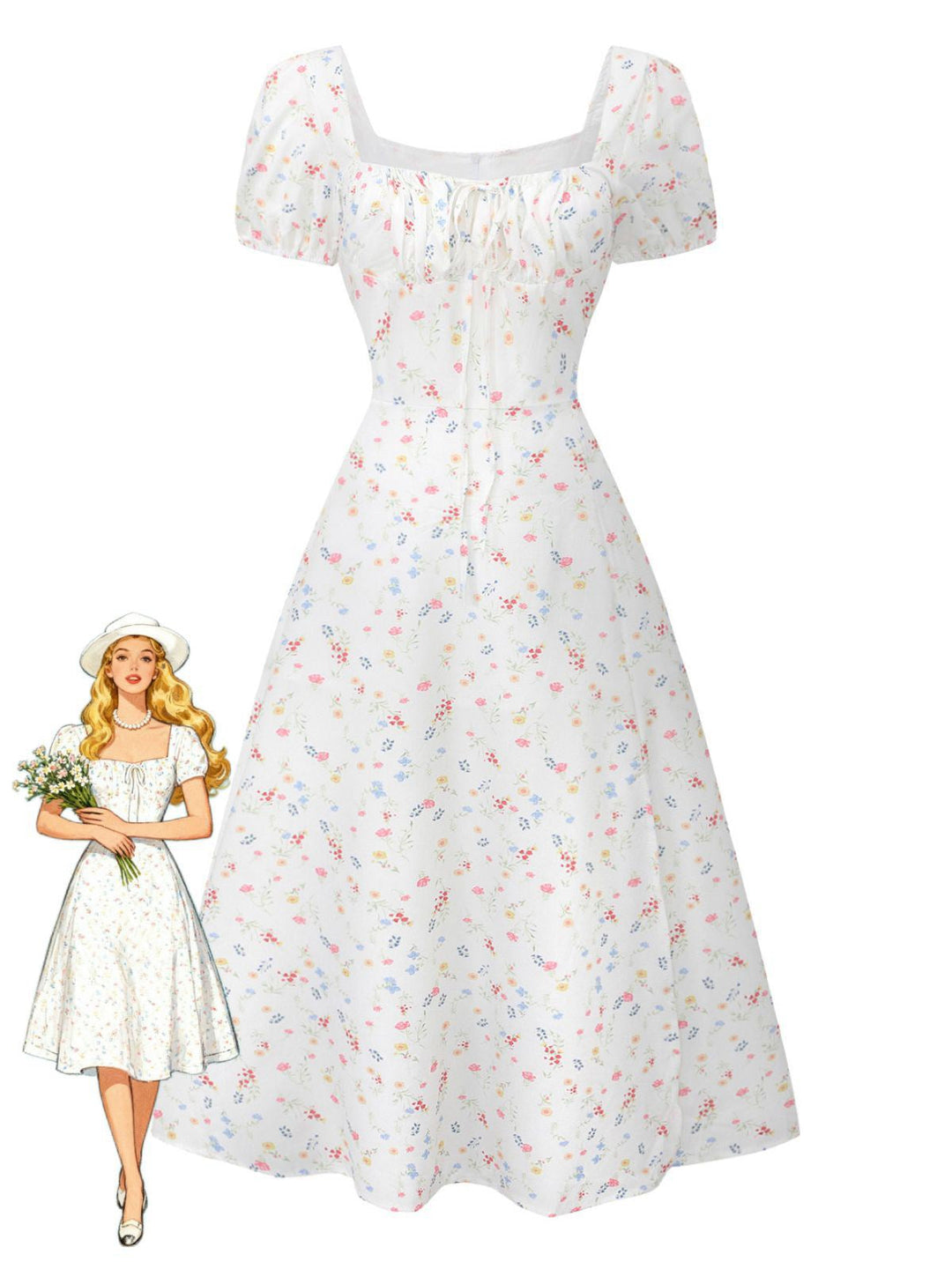 White 1930s Floral Square Neck Puff Sleeve Dress - vintage dress, retro fashion, pure white