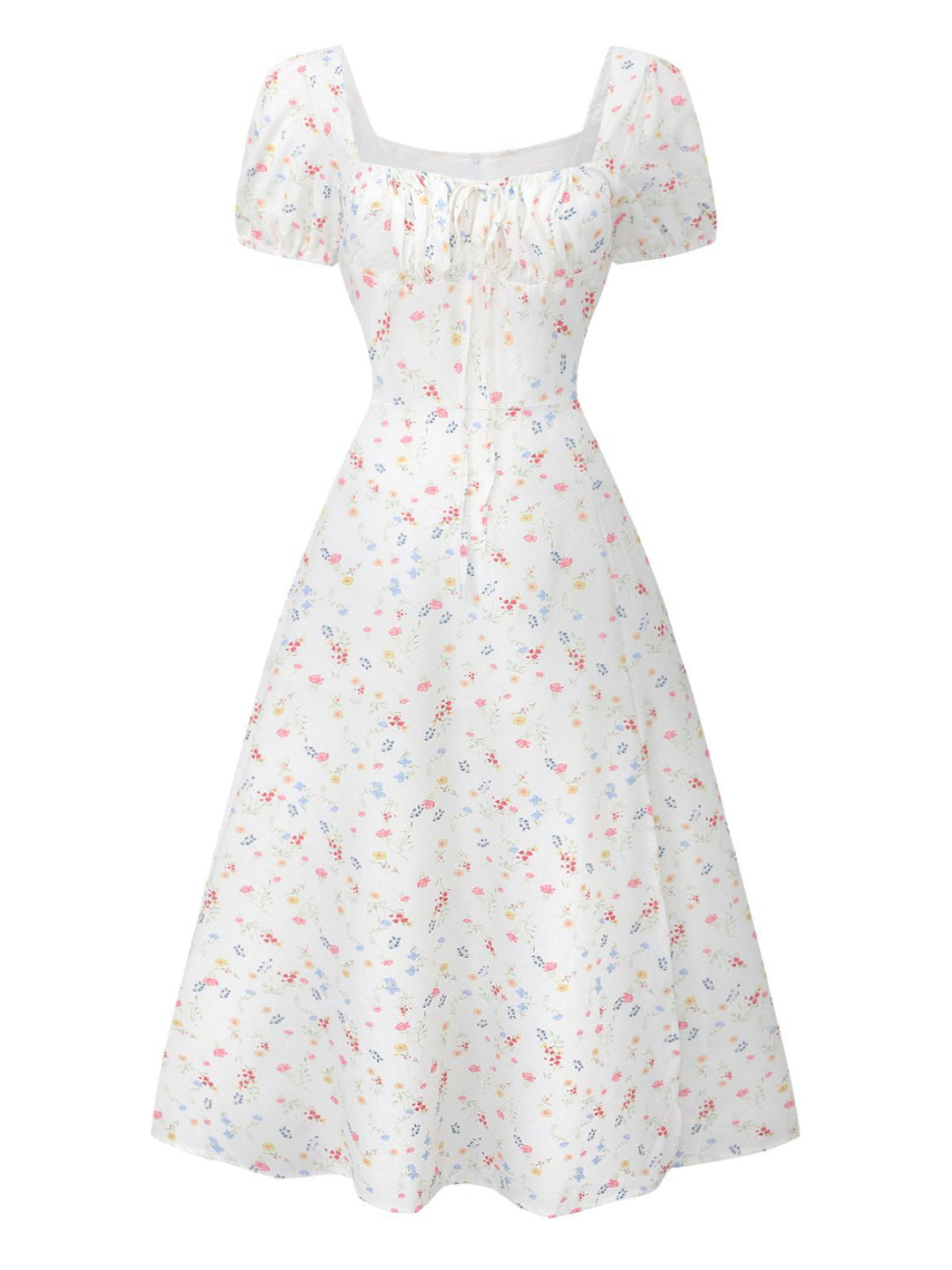 White 1930s Floral Square Neck Puff Sleeve Dress - vintage dress, retro fashion, pure white