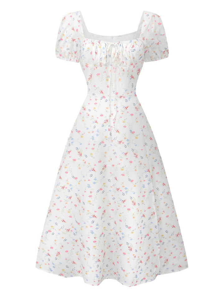 White 1930s Floral Square Neck Puff Sleeve Dress - vintage dress, retro fashion, pure white