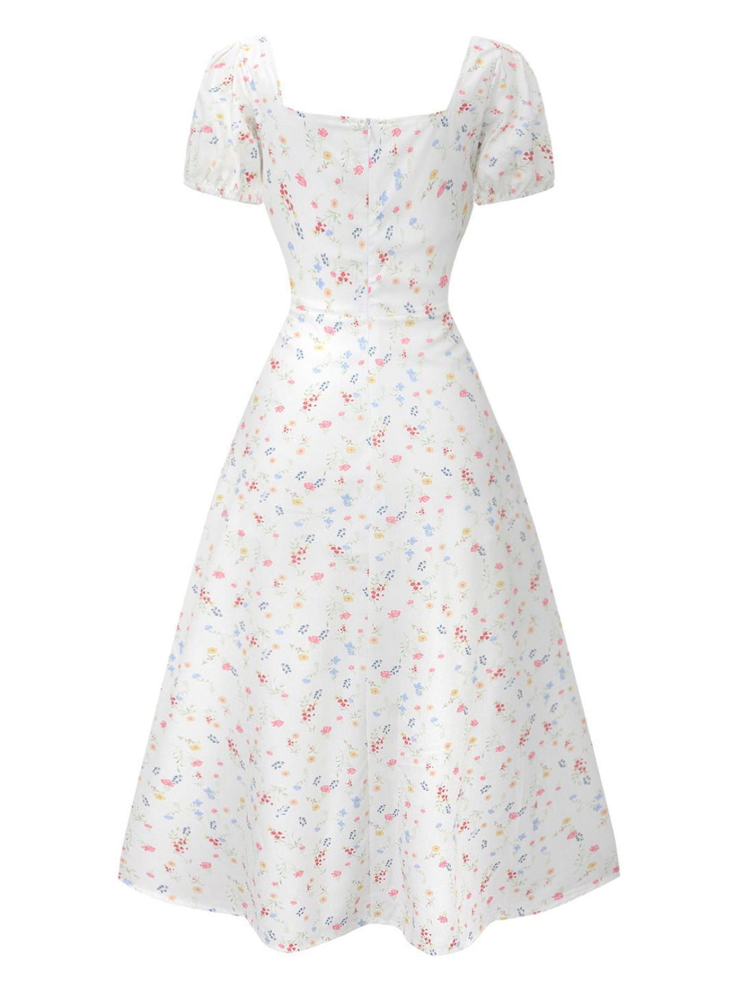 White 1930s Floral Square Neck Puff Sleeve Dress - vintage dress, retro fashion, pure white