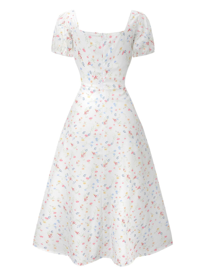 White 1930s Floral Square Neck Puff Sleeve Dress - vintage dress, retro fashion, pure white
